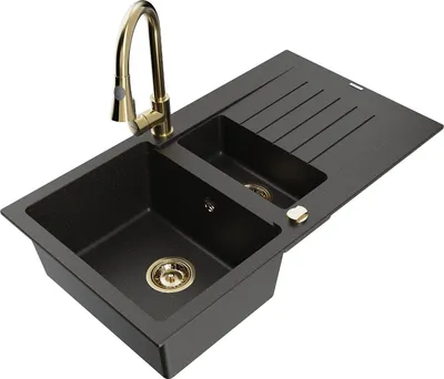 Produktbild von Mexen Matias 1,5-Becken-Granitspüle mit Abtropffläche und Mischbatterie Elia, Schwarz/Gold metallisch - 6502-75-670101-50