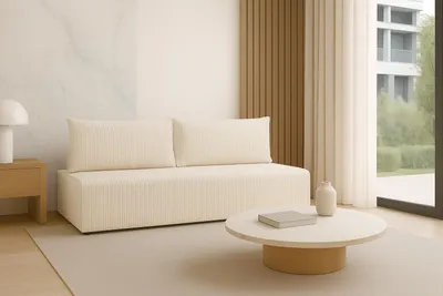 Produktbild von Sofello Kleines Sofa mit Schlaffunktion LUNO Creme – Moderne Cordsofa für Ihr Wohnzimmer, Schlaffläche: 204×144 cm