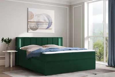 Produktbild von Polsterbett 200 x 200 cm mit Bettkasten und Matratze, Bonellmatratze H3, 2 USB-Ports, LED Beleuchtung, Grün Velours Velvet Iseria