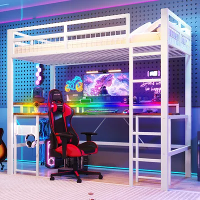 Image de Lit superposé 90 x 200 cm avec bureau, barre de LED changeant de couleur, 1 port USB, 1 port Type-C, 2 prises électriques et panneau perforé, sans matelas, blanc, en métal/MDF
