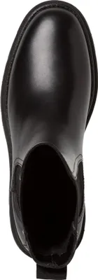 A top-down view of a black Chelsea boot with a thick sole.