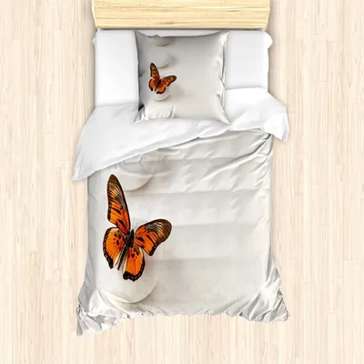 Produktbild von ABAKUHAUS Spa Bettbezug Set, Plain Pattern Mit Schmetterling Und Rocks Wellness Purity Healing Serenity Bohemian, 135 x 200 cm + 80 x 80 cm, Orange Weiß