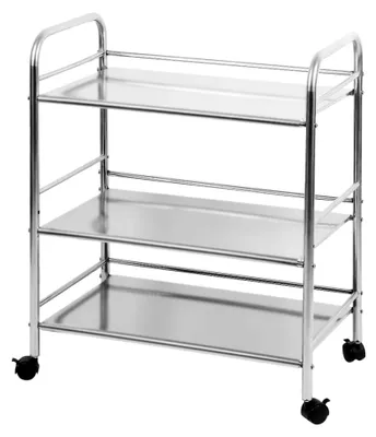 Produktbild von Edelstahl Servierwagen mit 3 Ablagen für Küche, Restaurant, Hotel und Schule, mit glatten Rädern und Bremse (60 x 36 x 74 cm)