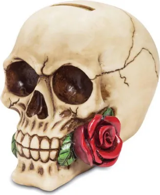 Produktbild von Spardose Totenkopf hat eine Rose im Mund 12cm
