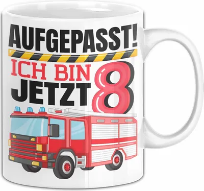 Produktbild von 8. Geburtstag Geschenk Tasse Becher Jungs Feuerwehr Aufgepasst Ich Bin Jetzt 8 (Weiß)