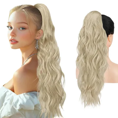 Produktbild von Synthetische Haarverlängerung Pferdeschwanz mit Kordelzug, Synthetik, Gewellt, Blond, 66 cm