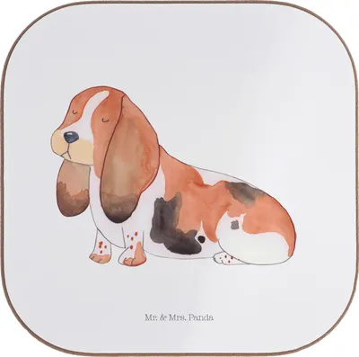 Produktbild von Mr. & Mrs. Panda Untersetzer für Gläser Hund Basset Hound - Weiß - Geschenk, Tischuntersetzer, unterleger, gläseruntersetzer, Coaster, Süß, Sprüche, Glas