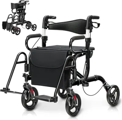 Produktbild von GOPLUS 2 in 1 Rollator faltbar, Gehhilfe mit einstellbarer Höhe, Rückenlehne, Sitz & Tasche, Laufhilfe Gehwagen aus Alu bis 160 kg, für Senioren
