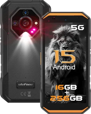 A rugged smartphone is shown from the front and back, with a lion image on the screen.