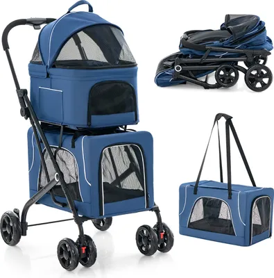 Zdjęcie produktu dla COSTWAY 3 w 1 składany wózek dla psa, 2 piętra z siatkowymi oknami, kieszeniami i wyściółką, do 16 kg, torba transportowa dla psa niebieska