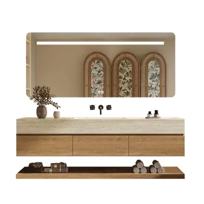 Produktbild von Wandhängendes Badmöbel-Set Travertin-Look mit Sinterstein Waschbecken Spiegel Unterschrank Ablage ohne Armaturloch 130×55 cm【YT9865-130 BKK】