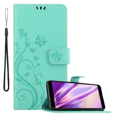 A teal flip phone case with a floral and butterfly embossed design, shown open with a smartphone inside.