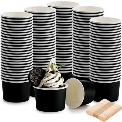 Eisbecher aus Karton, 50 Stück, 240 ml, mit 50 Löffeln, kompostierbar, schwarz