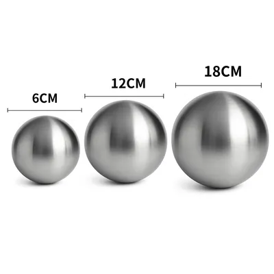 Three stainless steel spheres of different sizes are displayed side-by-side, with measurement labels indicating their diameters.