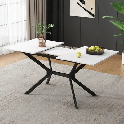 Productafbeelding van Uitschuifbare eettafel, 120/160 x 80 cm, rechthoekig, witte MDF-tafelblad, zwarte metalen poten, uitschuifmechanisme, geschikt voor 4-6 personen, belastbaar tot 60 kg