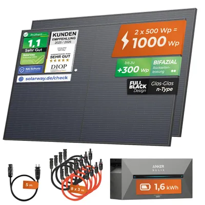Produktbild von Solarway®️ 1000Wp / 800W Balkonkraftwerk mit 1,6 kWh Speicher komplett Steckdose - 1,6 kWh Anker SOLIX 2 PRO Speicher