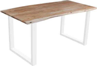 Produktbild von Esszimmertisch 160x85 cm Quinn, echte Baumkante, eichefarben, massiver Esstisch aus Akazienholz, Metallbeine Weiß, Baumkantentisch