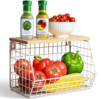 Obrázok produktu pre Biely drôtený kôš na ovocie a zeleninu s dreveným vekom