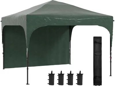 Obrázek produktu pro Skládací pavilon – skládací party stan – 3 x 3 m – výškově nastavitelný – 1 boční stěna – 100 % polyester – zelený