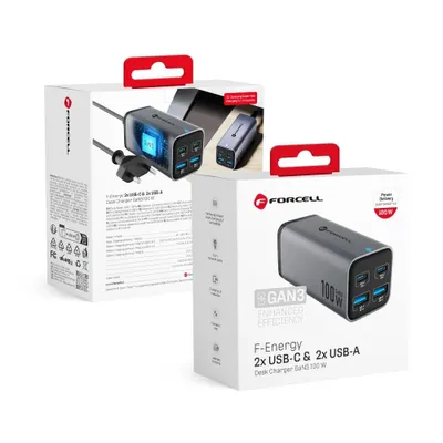 Immagine prodotto di Caricabatterie da tavolo F-ENERGY GaN III 2 x tipo C + 2 x USB A PD QC4.0 SFC2.0 5A 100W grigio