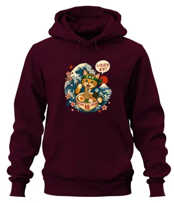 Obrázek produktu pro Itadakimasu, kočičí ramen, Japonsko, vlna, anime, Y2K, manga, mikina s kapucí s motivem kočky, barva: bordó, velikost: L