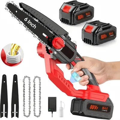 Produktbild von 6 Zoll Akku Kettensäge,Handheld-Kettensäge,Bürstenloser Motor DIY -Werkzeuge,Ein-Klick-Einstellungskette,Gartengeräte mit Digitalanzeige,2 Akku