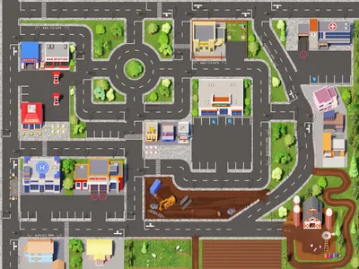 A bird's-eye view of a toy town with various buildings, roads, and green spaces.