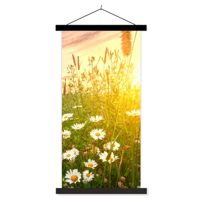 Produktbild von MuchoWow® Textilposter Blumen - Gänseblümchen - Natur - Sonne - Horizont 90x180 cm mit schwarzem Rahmen - Dekoration Wohnzimmer
