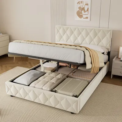 Produktbild von okwish Jugendbett 140×200 mit Bettkasten und Kopfteil in Knopfnahtverzierung, Polsterbett mit Lattenrost, Einzelbett Beige, ohne Matratze