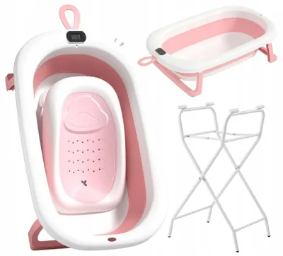 Immagine prodotto di Ekspand | Vaschetta da bagno pieghevole per neonati Olaf - Rosa e bianco - 85 cm x 47 cm x 21,5 cm - con sdraietta - con termometro