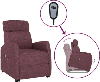 A purple recliner chair with a remote control and an illustration showing its reclining function.