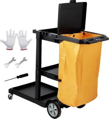 Obrázek produktu pro SucceBuy Komerční úklidový vozík se 3 policemi, nosnost 200 liber, plastový úklidový vozík s 25galonovým PVC vakem a krytem, 120x51x98 cm, žlutočerný, těžký užitkový vozík