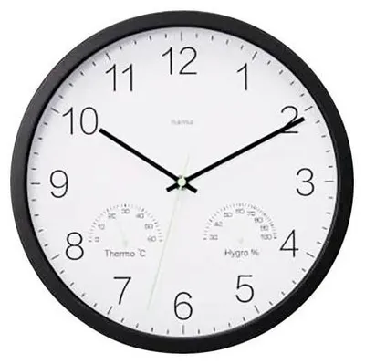 Immagine prodotto di Orologio da parete Hama "Santorini", senza ticchettio, con termometro e igrometro, Ø 30 cm, nero