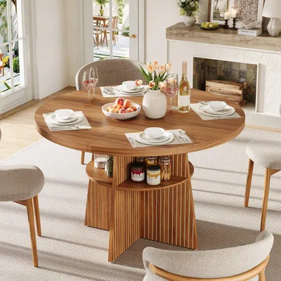 Produktbild von MODFU Ausziehbarer Esstisch rund 110–150×110×77,5 cm, Küchentisch für 2–8 Personen mit erweiterbarer Tischplatte, Ablagefläche und MDF-Platte, Walnussoptik