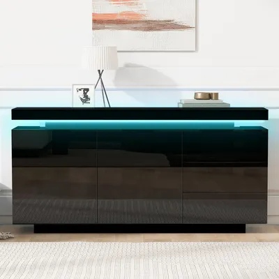 Image de Fortuna Lai Buffet Armoire Moderne Salon Meuble d'appoint Armoire haute Commode Buffet haut Meuble 2 portes 3 tiroirs Buffet brillant avec éclairage LED Sans poignées 140x35x72,5 cm - Noir