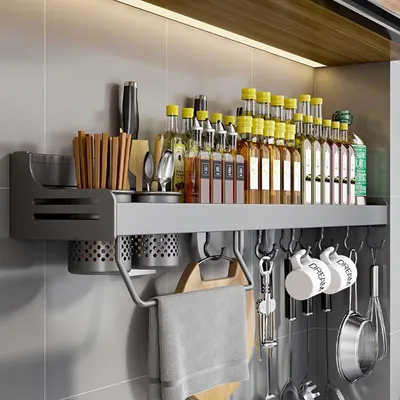 Produktbild von Wandregal für die Küche (ohne Bohren), hängendes Gewürzregal mit 10 Haken und 2 Ablagen, höhenverstellbar, Küchenorganizer, Halterung für Küchenutensilien, 60 cm, grau