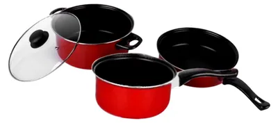 Produktbild von 3-teiliges Antihaft-Pfannenset mit Bratpfanne, Suppentopf und Milchpfanne in Rot