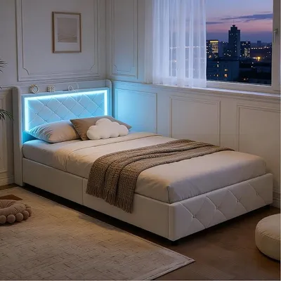 Obrázek produktu pro Jednolůžko 90x200 cm s úložným prostorem, čalouněná postel s LED podsvícením a USB porty, rám postele s čelem a roštem, rám postele pro mládež, samet (béžová barva, 90 x 200 cm)