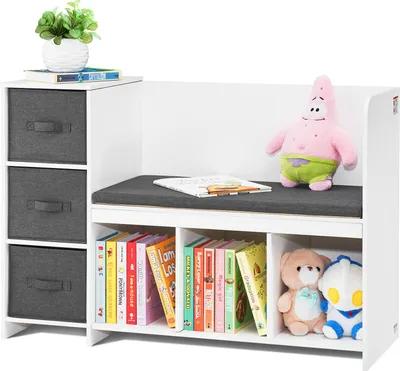 Produktbild von Bücherregal Sitzkissen Kinderregal Sitzbank 6 Fächer Weiß Stauraumbank