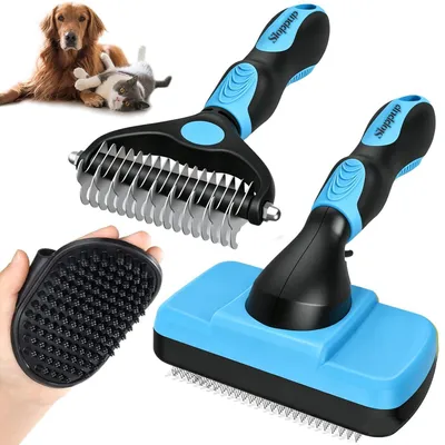 Immagine prodotto di Spazzola per cani, spazzola per gatti, autopulente, blu, design a doppia faccia, per la cura del pelo