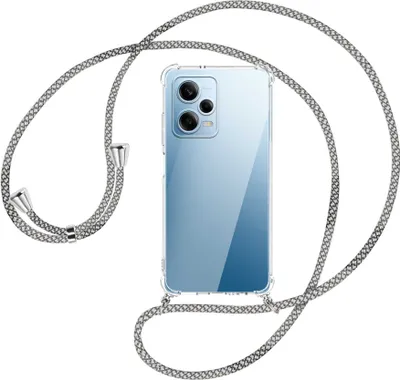 Produktbild von Handykette Backcover-Schutzhülle mit Band (Metall silberfarben) für Xiaomi Redmi Note 12 Pro (6.67'') - weiß/grau kariert