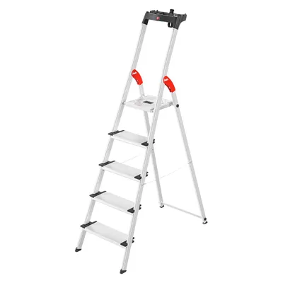 Produktbild von Hailo L80 ComfortLine Alu-Sicherheits-Stehleiter - 5 XXL-Stufen belastbar bis 150 kg - Tiefe Standfläche - Stehleiter mit Ablage - klappbare Aluleiter  Germany - Leiter rostfrei - Silber
