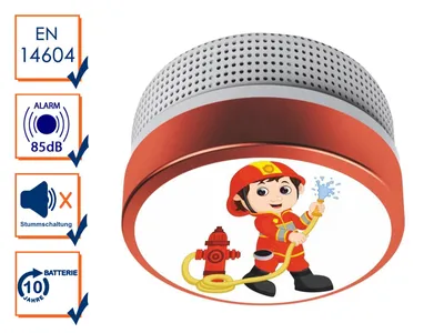 A product image featuring a smoke detector with a child-friendly design of a firefighter, surrounded by informational icons and text.
