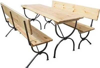 A wooden picnic table and bench set with black metal legs, shown from a diagonal angle against a white background.