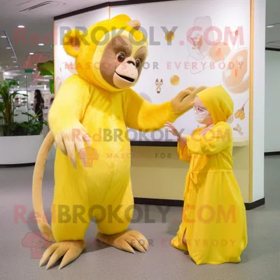 Produktbild von Zitronengelber REDBROKOLY Kapuziner-Affe Maskottchen Kostüm charakter bekleidet mit einem Maxikleid und Uhren