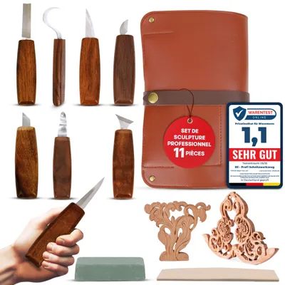Image de Eli® professional carving tool set including bag and leather strap - quality walnut handles - stainless steel - carving knife