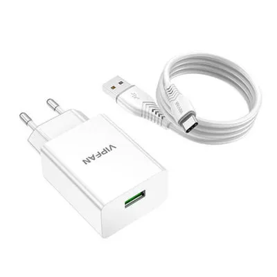 Obrázek produktu pro Vipfan E03 Nástěnná nabíječka, 1x USB, 18W, QC 3.0 + kabel USB-C (bílá)