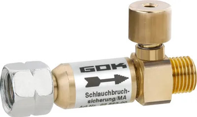 A brass and silver gas safety device with a label on a white background.