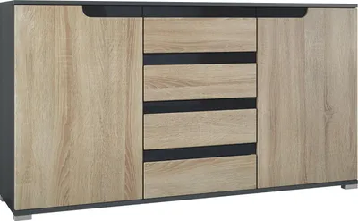 Produktbild von Vladon Sideboard Sylt V1, Kommode mit 2 Türen und 4 Schubladen, Korpus - Anthrazit matt / Front - Eiche sägerau / Absetzung - Schwarz Hochglanz (138,5 x 75,5 x 35 cm)