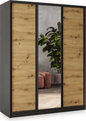 Produktbild von Masseno Schiebetürenschrank SORE 150/205/58 cm Kleiderschrank mit 4 Schubladen Schlafzimmer Schrank 3-türig mit Spiegel Schwarz / Eiche Artisan